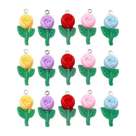 Pingente Rosas 15X25Mm Em Resina Com 100 Pecas - Colorido