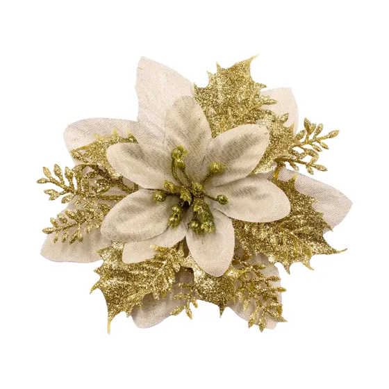 Flor Poinsettia De Natal Com Glitter 14Cm Em Poliester Com 12 Pecas - Dourado