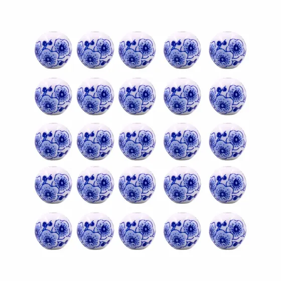 Bola Desenho Flor 10Mm Em Ceramica Com 200 Pecas- Azul