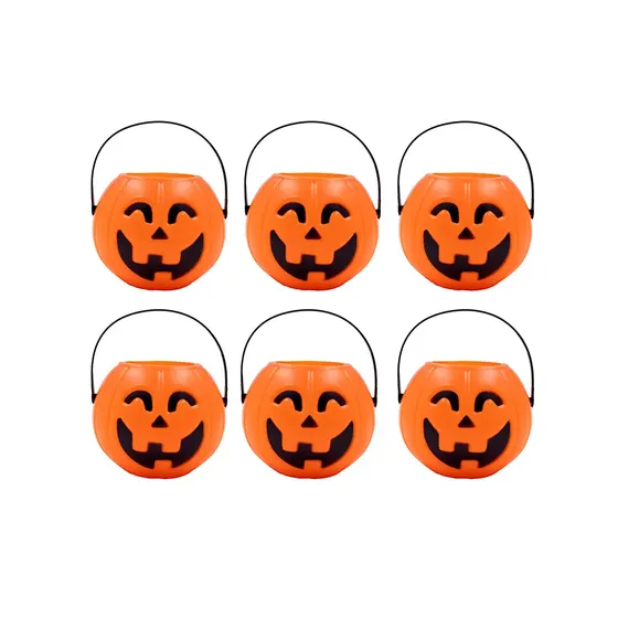Mini Balde Halloween Abobora 70Mm Em Plastico Com 06 Unidades - Laranja