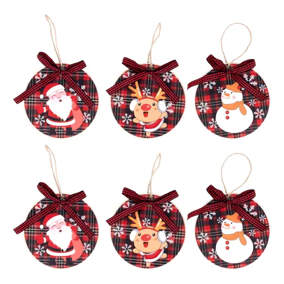 Placas De Natal Redonda Para Pendurar 12Cm Desenhos Em Madeira Com 09 Pecas