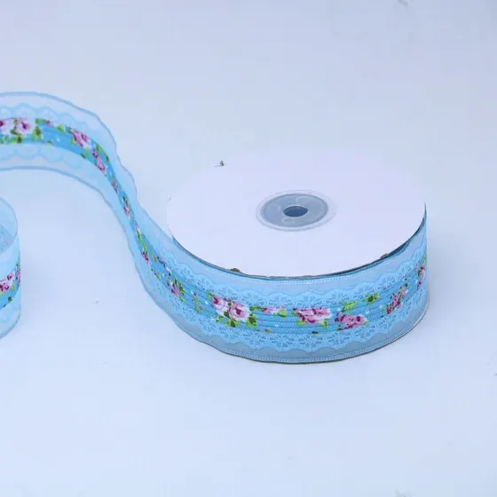 Fita Mini Rosas Com Renda 40Mm Em Poliester Com 18 Metros