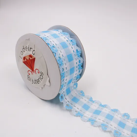 Fita Com Renda Xadrez 30Mm Em Poliester Com 09 Metros - Azul Bebe