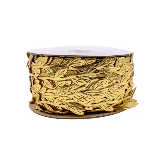 Fita Decorativa De Folhas 20Mm Em Poliester Com 100 Metros - Dourado