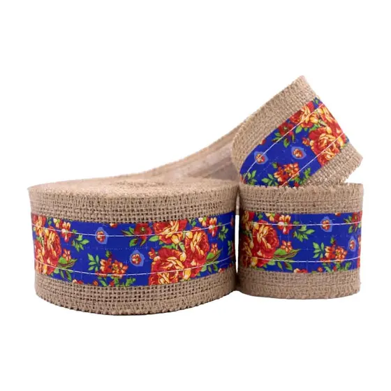 Fita Estampa Chita Floral Com Borda De Juta 60Mm Com 10 Metros