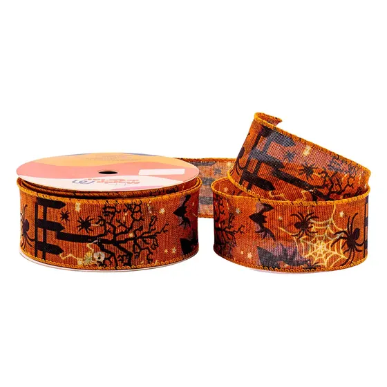 Fita Decorada Halloween 38Mm Em Poliester Com 9 Metros - Laranja