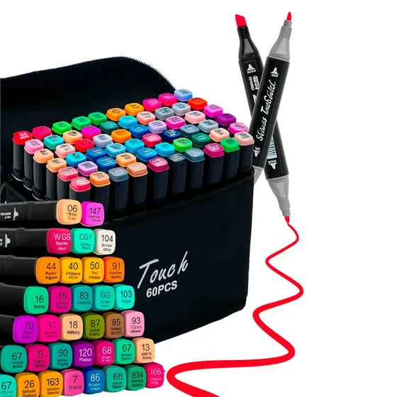 Kit Estojo Canetas Touch Ponta Dupla Com 60 Cores