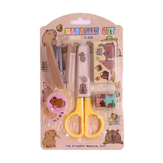 Kit Papelaria Capivara Com Tesoura 5 Pecas