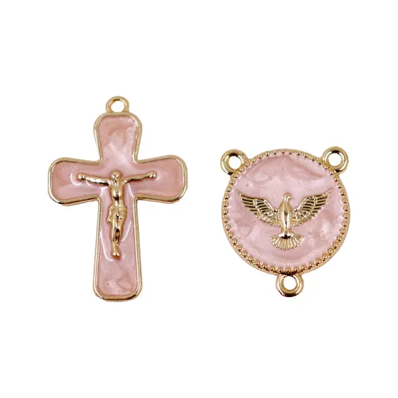 Kit Crucifixo E Entremeio (Espirito Santo) Para Terco Em Zamac Com 05 Pares